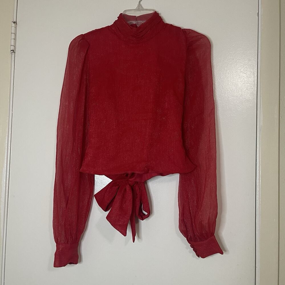 NWOT Hutch Red shimmer chiffon high collar open back blouse size small